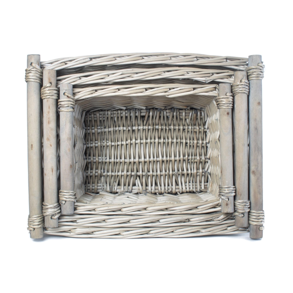 Wicker Grey Wash Wooden Handled Storage Basket | Set-of-3 | Gray