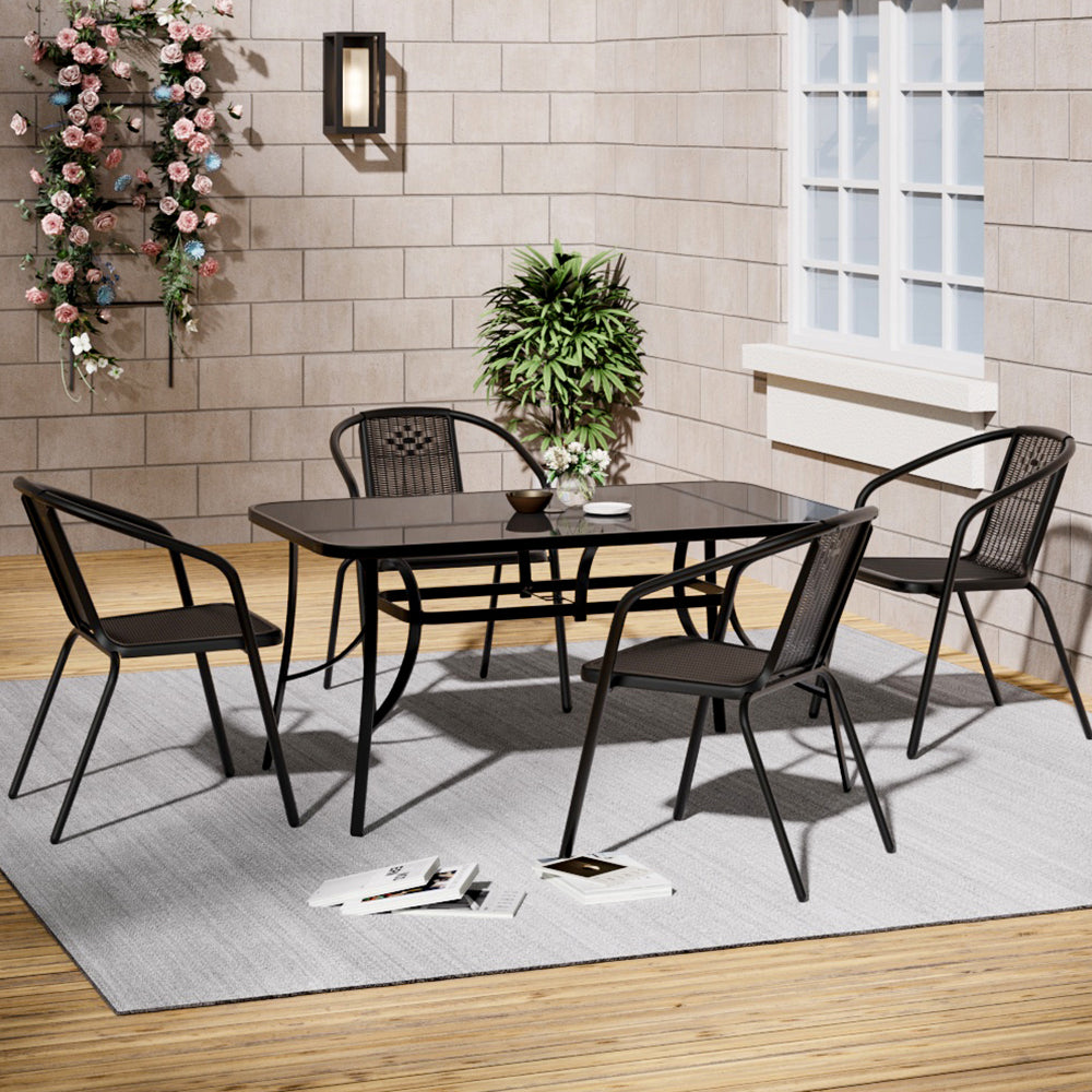 5 Pieces Garden Dining Set Outdoor Tempered Glass Garden Table With Rattan Chairs