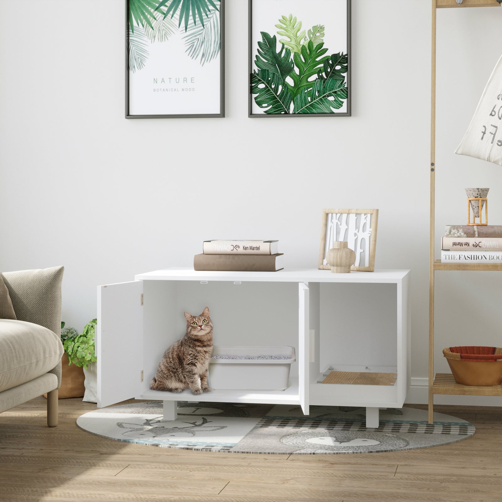 Cat Litter Box Enclosure & House W/ Nightstand/end Table Design | White