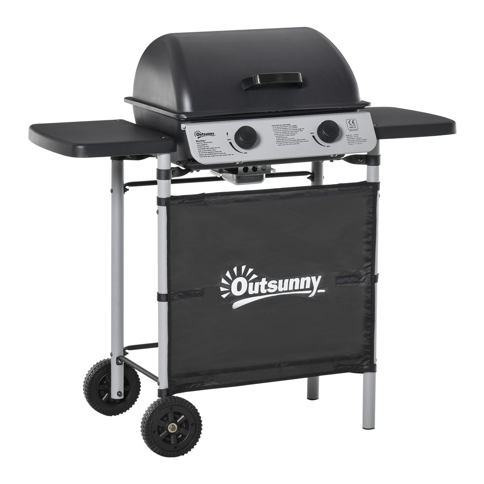 2 Burner Gas Bbq Grill, Propane, 5.6kw, Wheels | Black