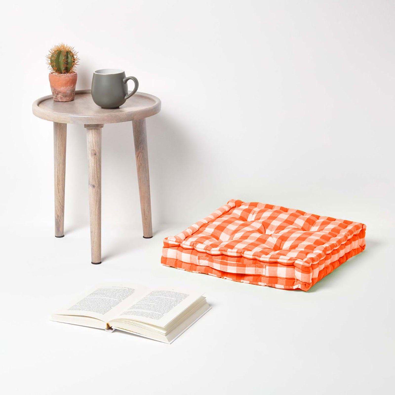Block Check Cotton Gingham Floor Cushion | 50cm x 50cm | Orange