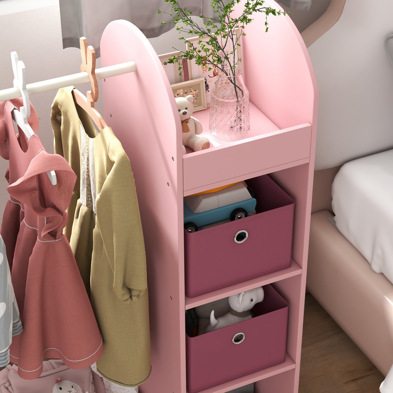Kids Cloth Rail With Storage Shelf, Boxes, Mirror For Bedroom | Pink