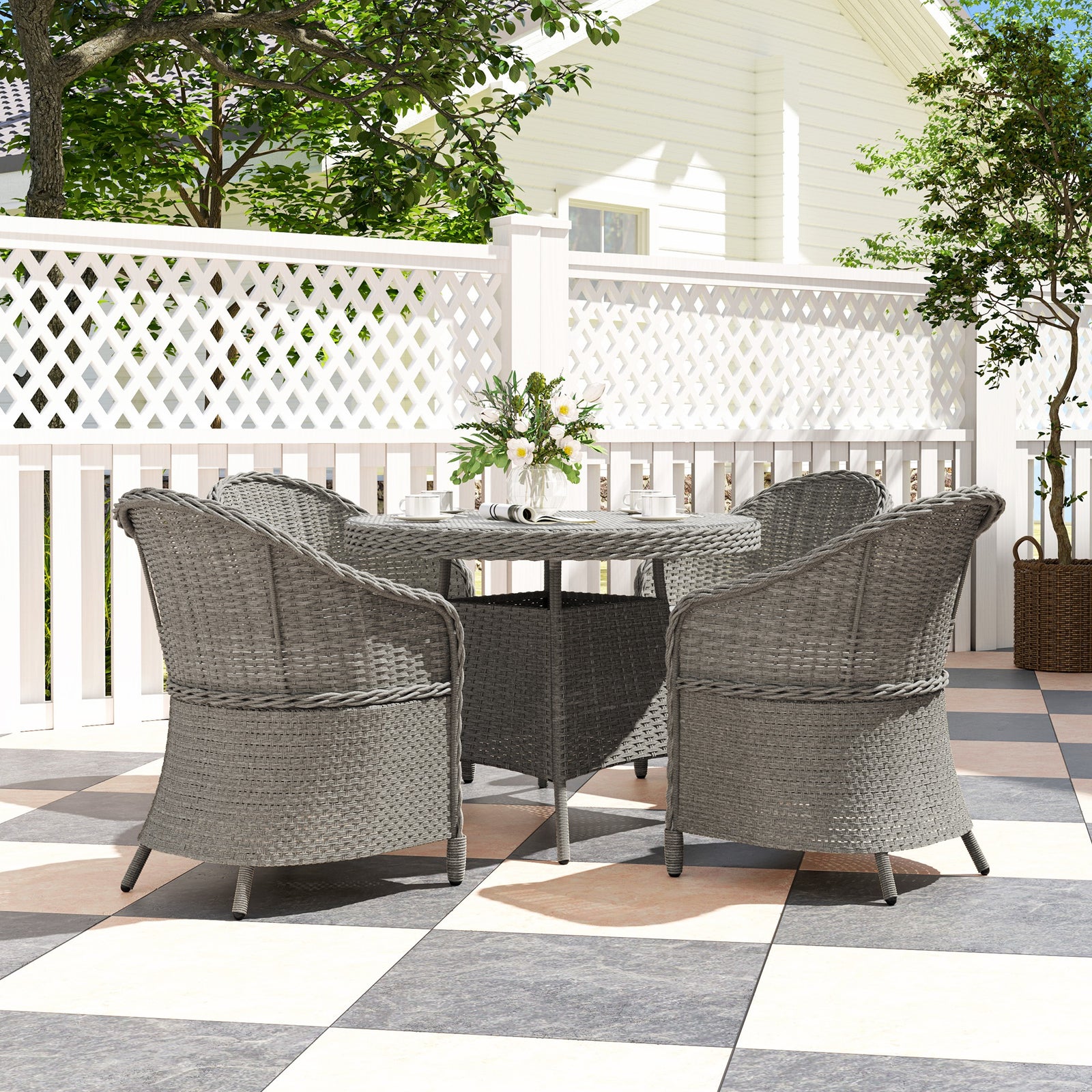 Rattan Dining Set For 4 With Cushions And Umbrella Hole