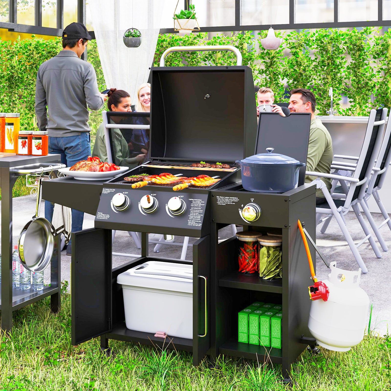 Outsunny 3+1 Burner Gas Bbq With Cabinet