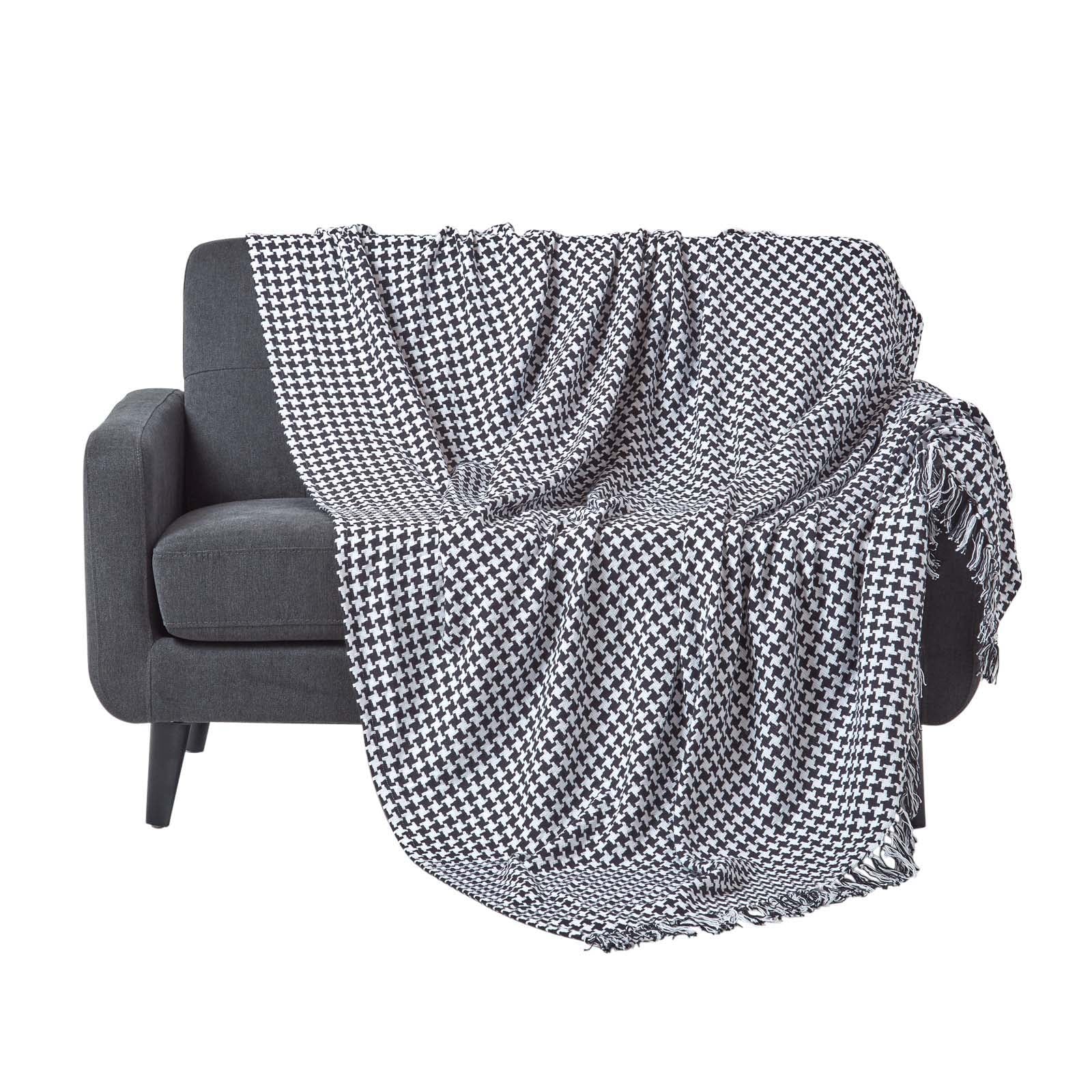 Houndstooth Design 100% Cotton Bedspread Throw | 255cm x 360cm | Black