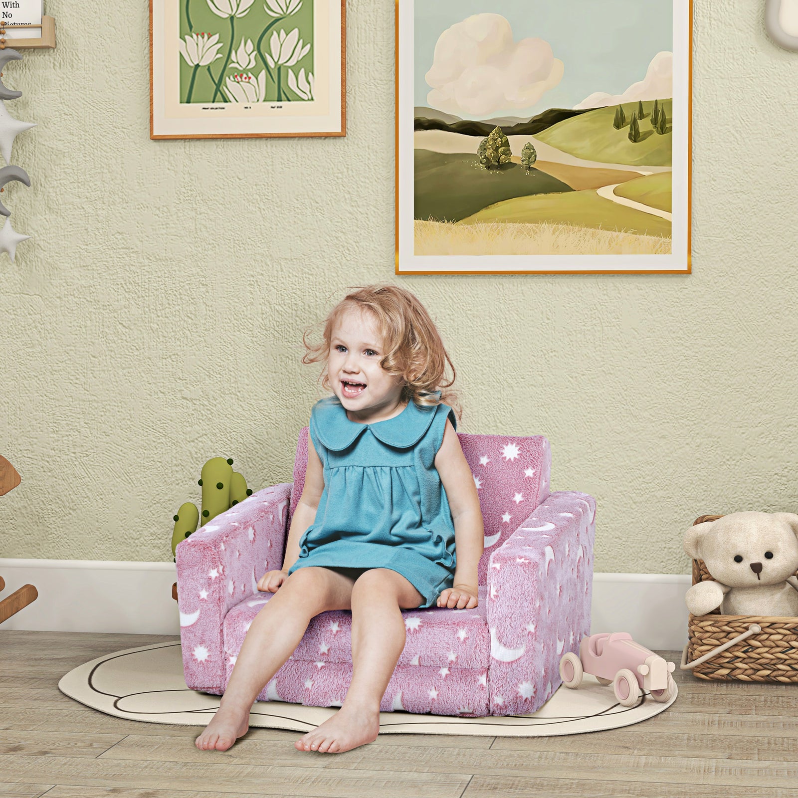 2 In 1 Kids Chair Bed With Glow In The Dark Cosmic Design | Pink