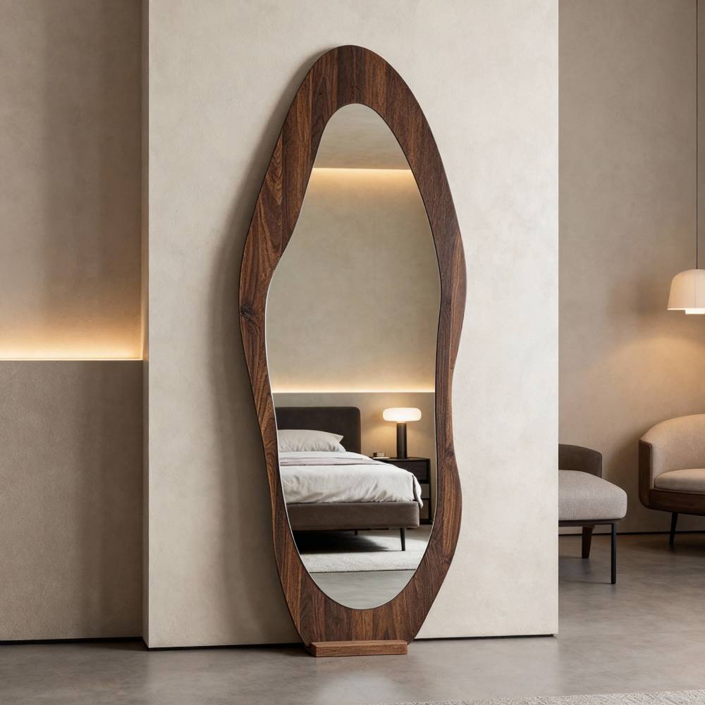 Full-length Mirror With Walnut Wood Frame, Vertical Design, Tempered Glass