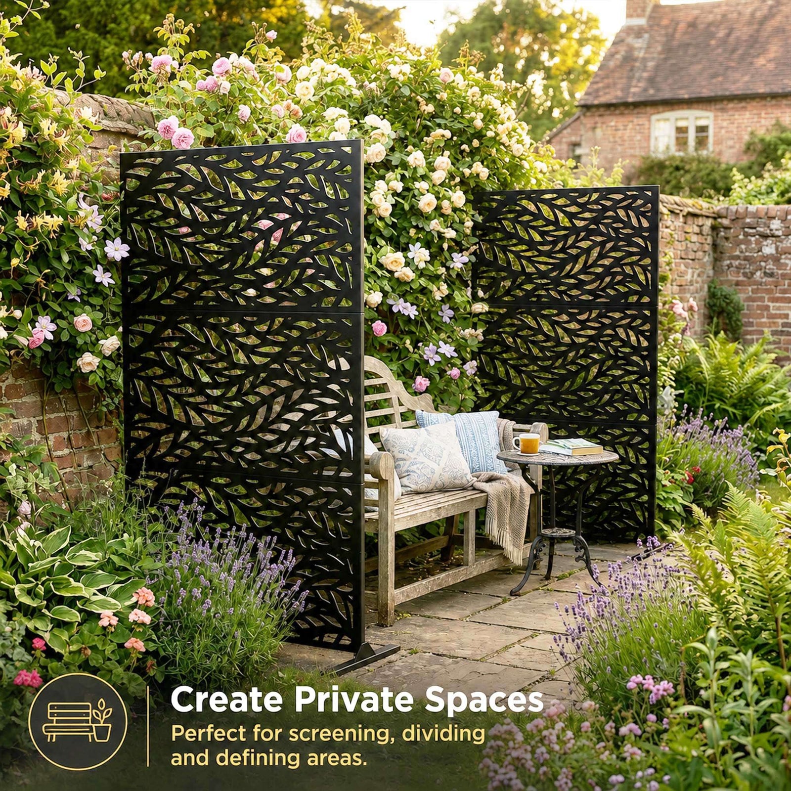 Indoor Outdoor Metal Privacy Screen - Leaf Pattern | Black