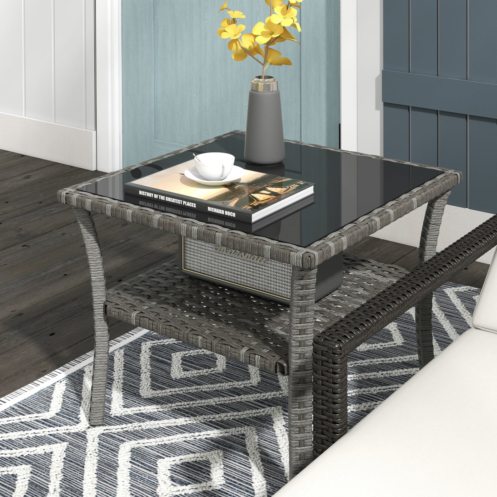 50cm Pe Rattan Coffee Table, Two-tier With Glass Top