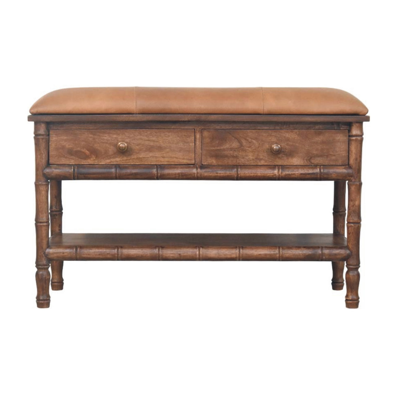Solid Wood Bamboo Carved Storage, 2 Drawers And Open Shelf, Light Brown