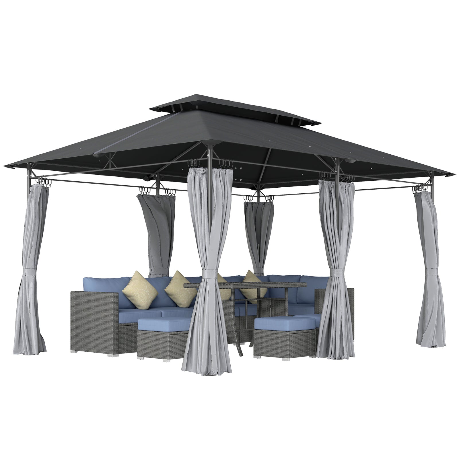 3x4m Garden Gazebo With Sides, Double Roof Metal Gazebo | Dark Grey