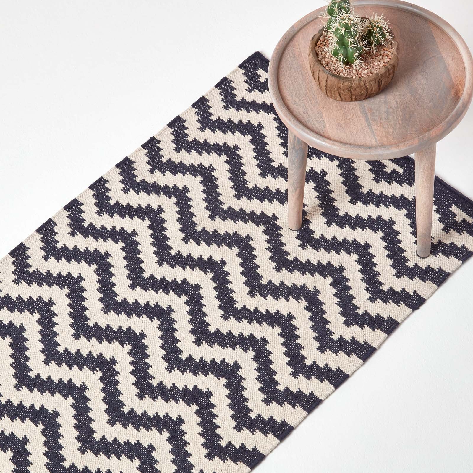 Casablanca Handwoven Zig Zag Pattern Dark Blue And White Cotton Rug | 200cm | Dark Blue