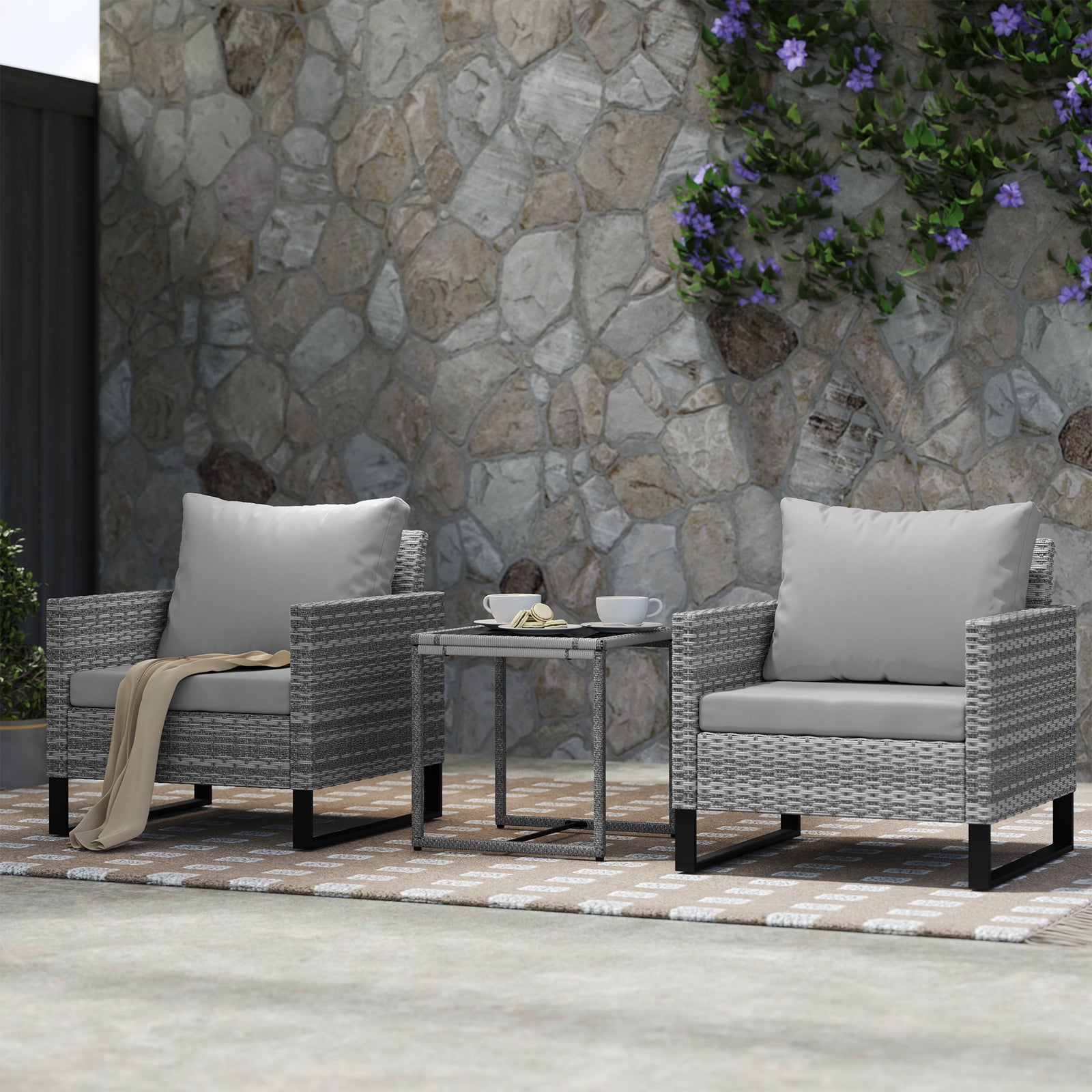 3pcs Rattan Bistro Set Glass Top Table And Chairs | Light Grey