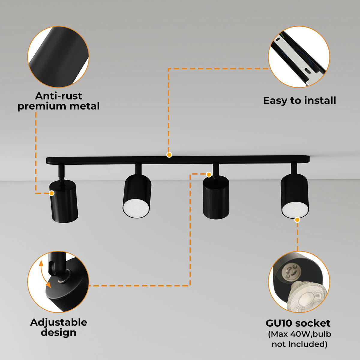 Emitto Led Ceiling Spot Light Gu10 4-way Fully Adjustable Steel Modern Black