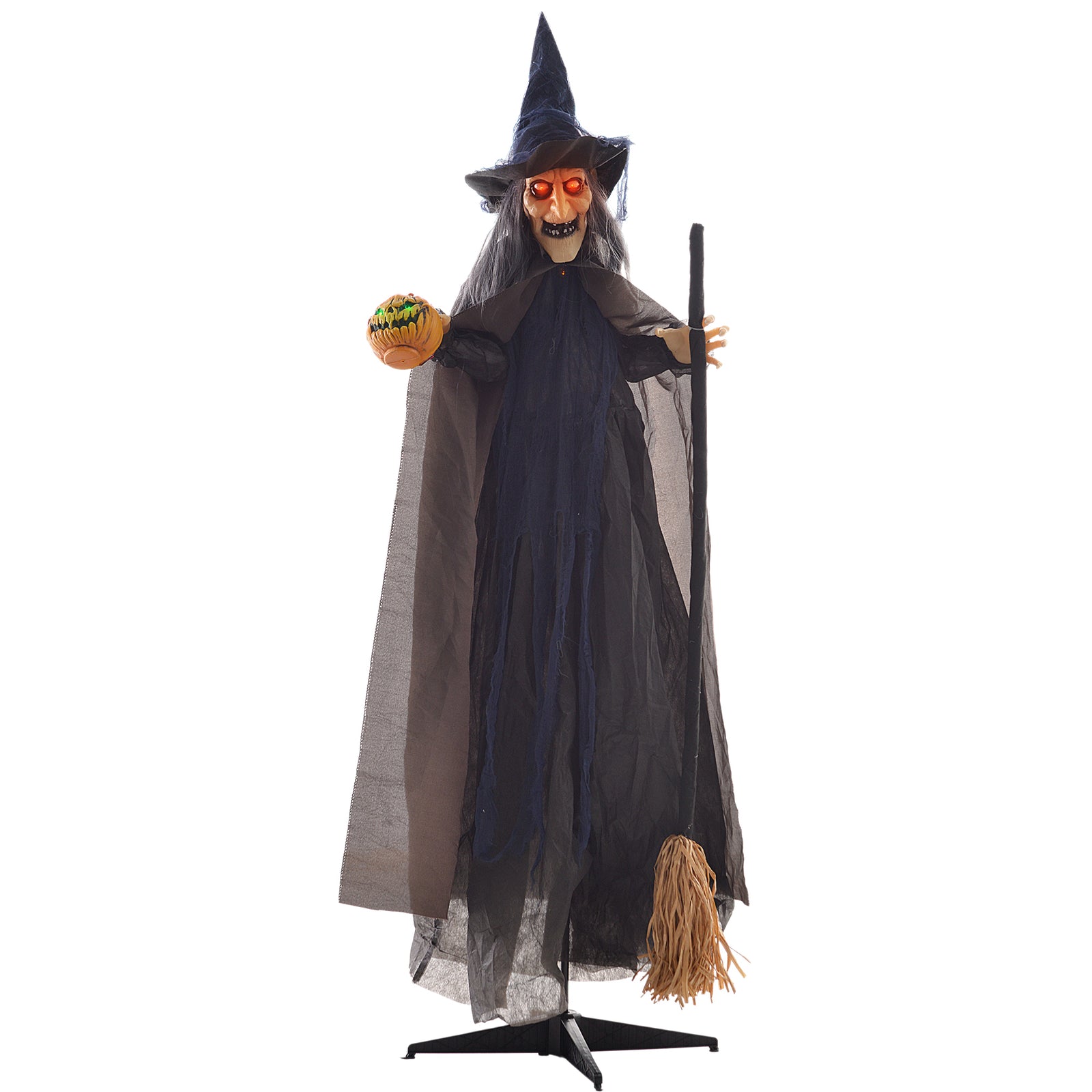 Halloween Witch With Broomstick Animatronic Prop With Light Up Eyes