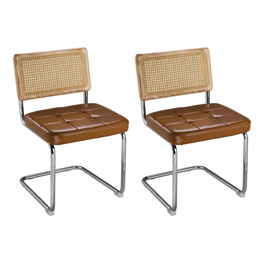 Set Of 2 Rattan And Pu Leather Dining Chairs With Wooden Frame And Metal Legs – Vintage-style | Brown