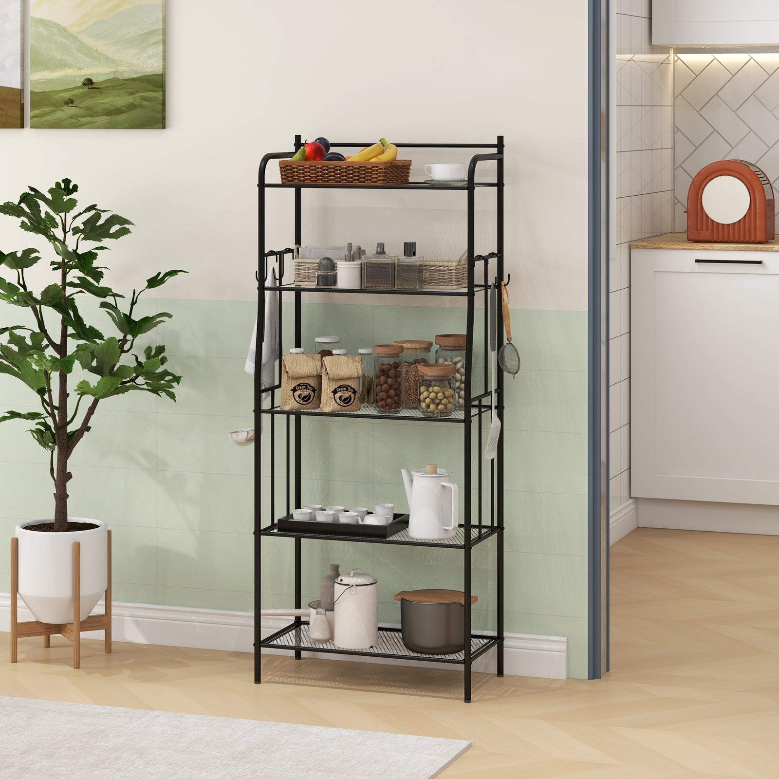 5 Tier Microwave Stand, Coffee Station, Shelves, 4 Hooks
