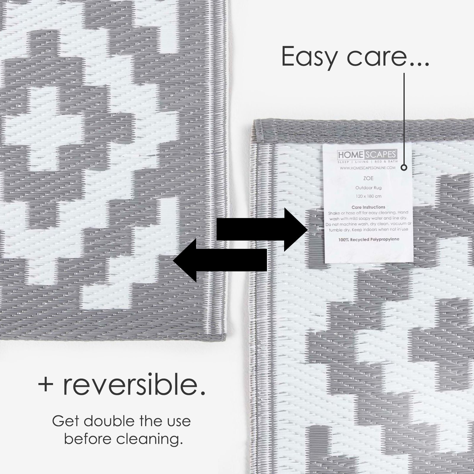 Luxury Outdoor Rug Waterproof Reversible For Garden Patio 100% Recycled, Grey Zoe Geometric | 120cm x 180cm | Grey