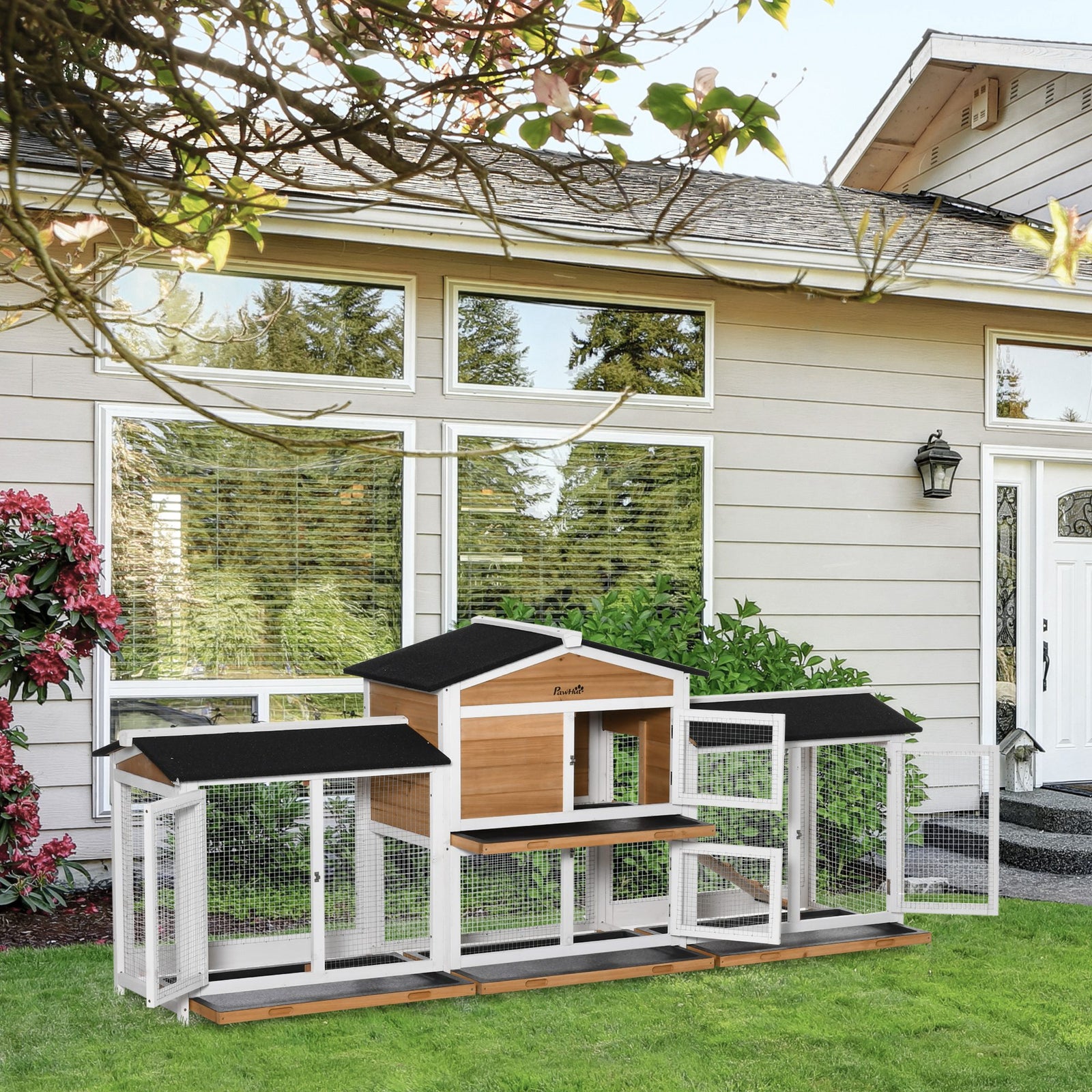 Rabbit Hutch, 2-tier Guinea Pig Hutch, W/ Two Runs, Pull-out Tray