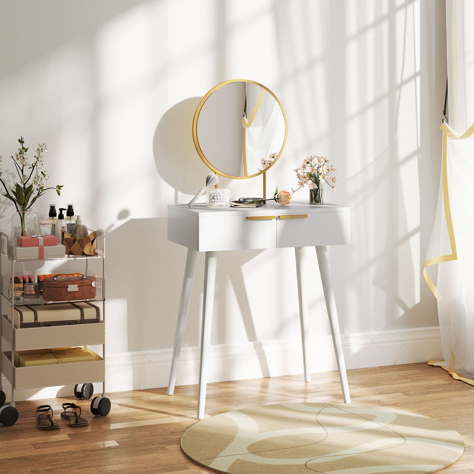Modern Dressing Table W/ 2 Drawers Round Mirror For Bedroom White