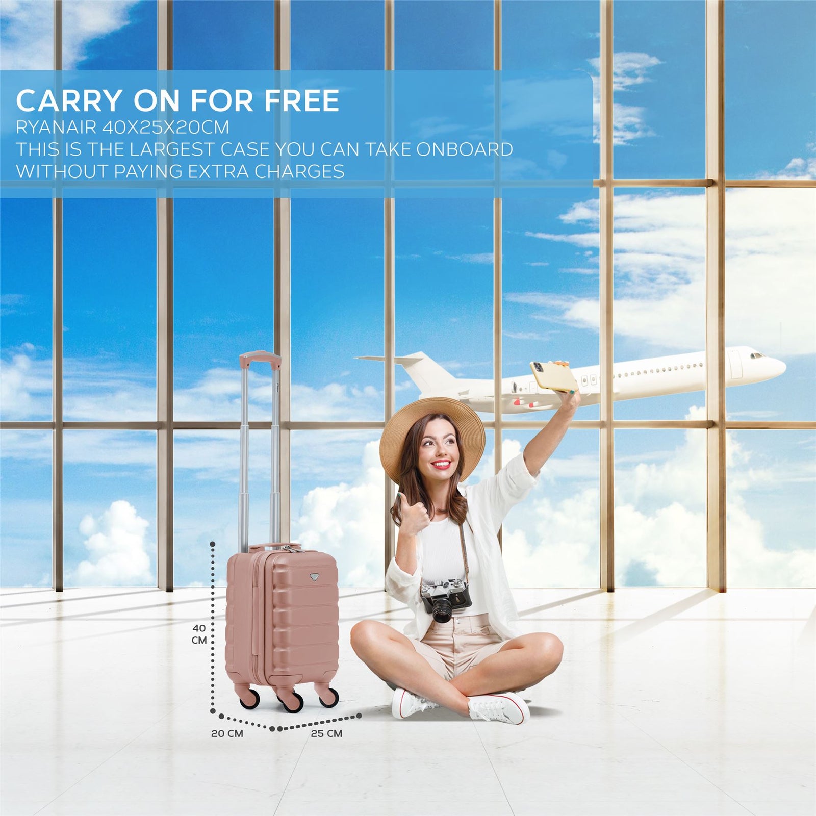 40x20x25cm Cabin Carry-on Suitcase - Lightweight, Durable, 4-wheel Luggage - 100+ Airlines Approved | Cabin | Rose