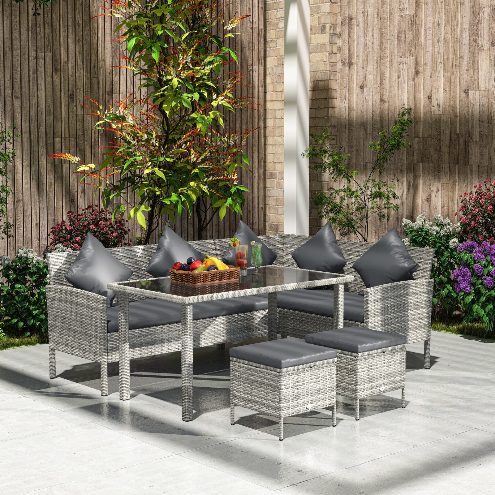 5 Pcs 6 Seater Corner Garden Sofa With Glass Top Table