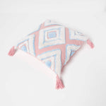 Geometric Ikat Tufted Cotton Cushion With Tassels | 45cm x 45cm | Blue & White