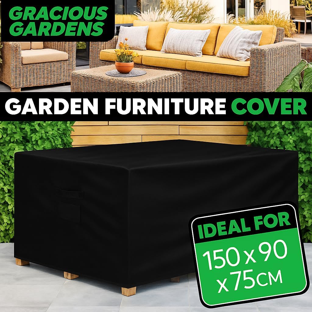 Rectangular Outdoor Patio Waterproof Garden Furniture Cover, Weatherproof Rattan Sofa Protector | 150 x 90 x 75cm | Black
