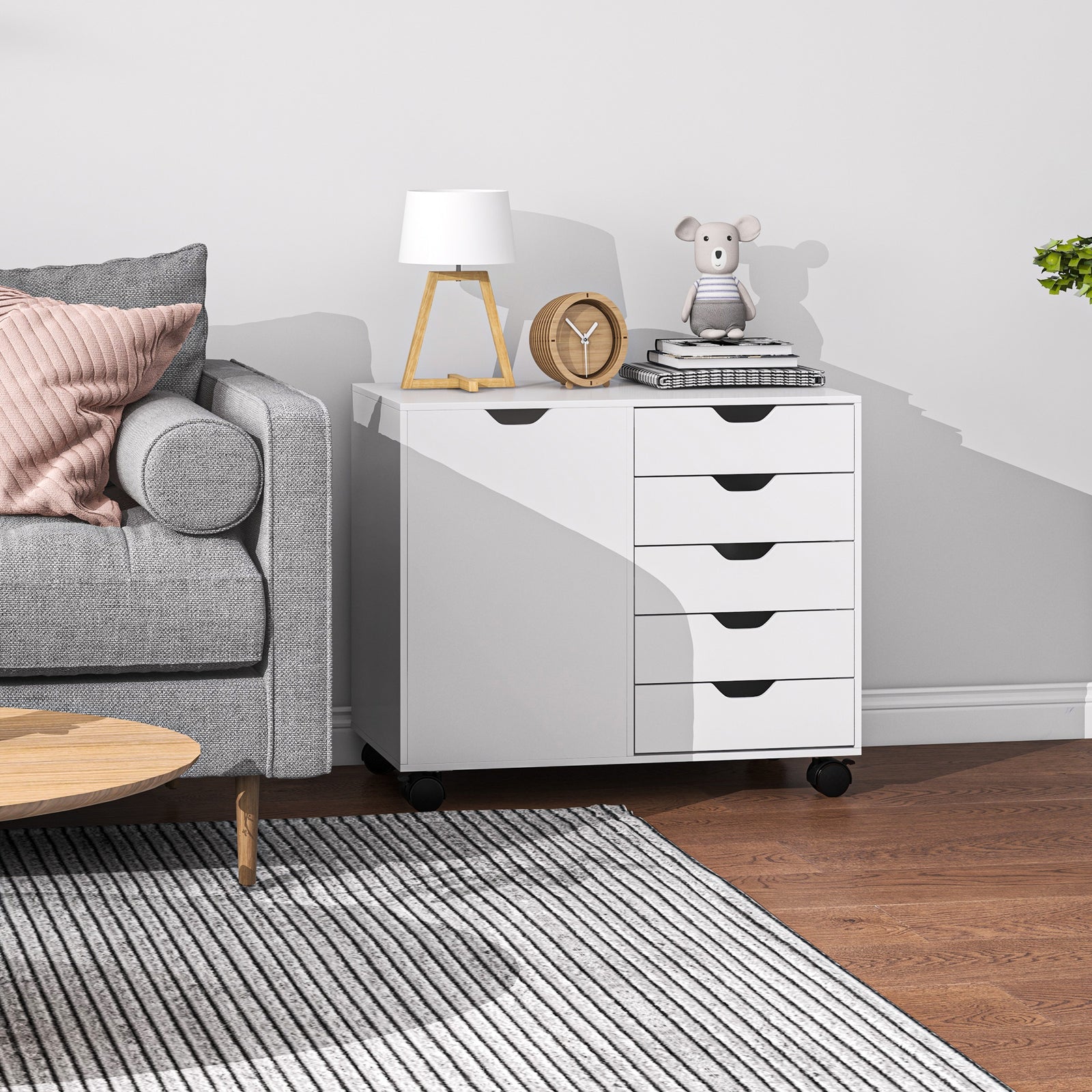 Modern Mobile 5-drawer Cabinet W/ Door, Office Storage