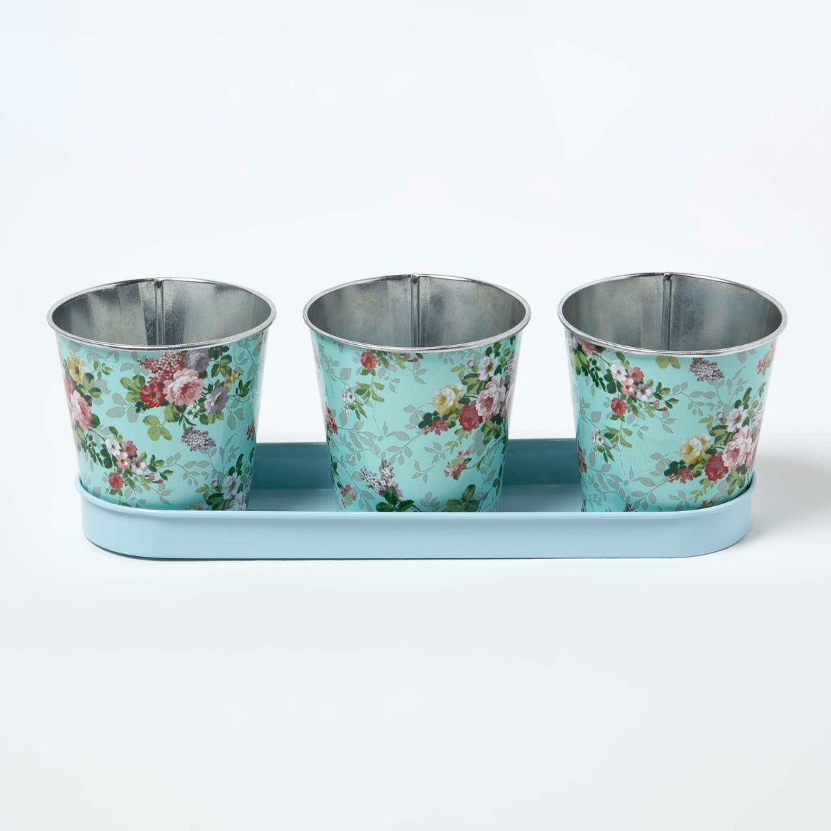 HOMESCAPES Set Of 3 Herb Pots With Tray, Rose Print