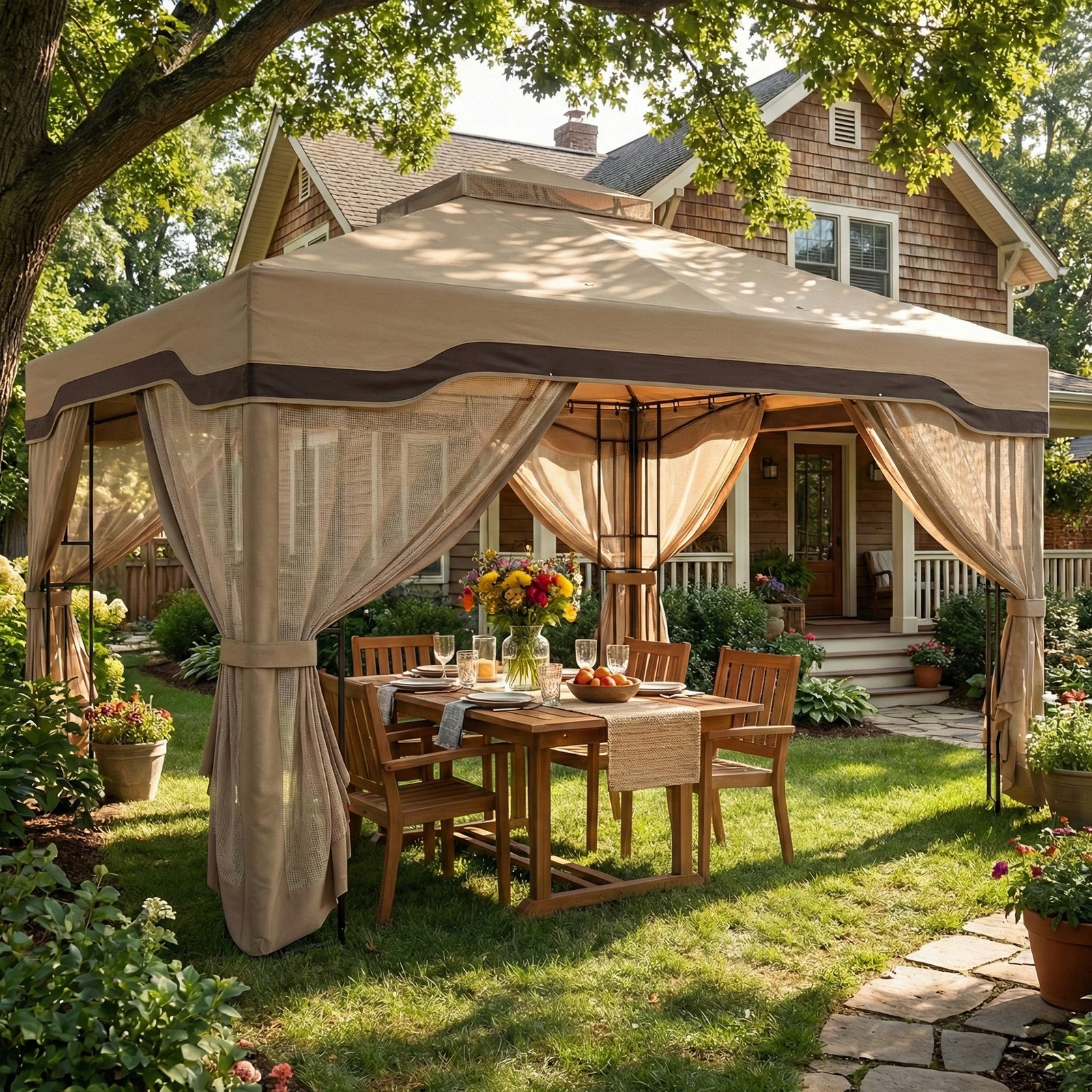 3 X 3.6 M Garden Gazebo With Shelves, Upf50+ Permanent Gazebo | Khaki