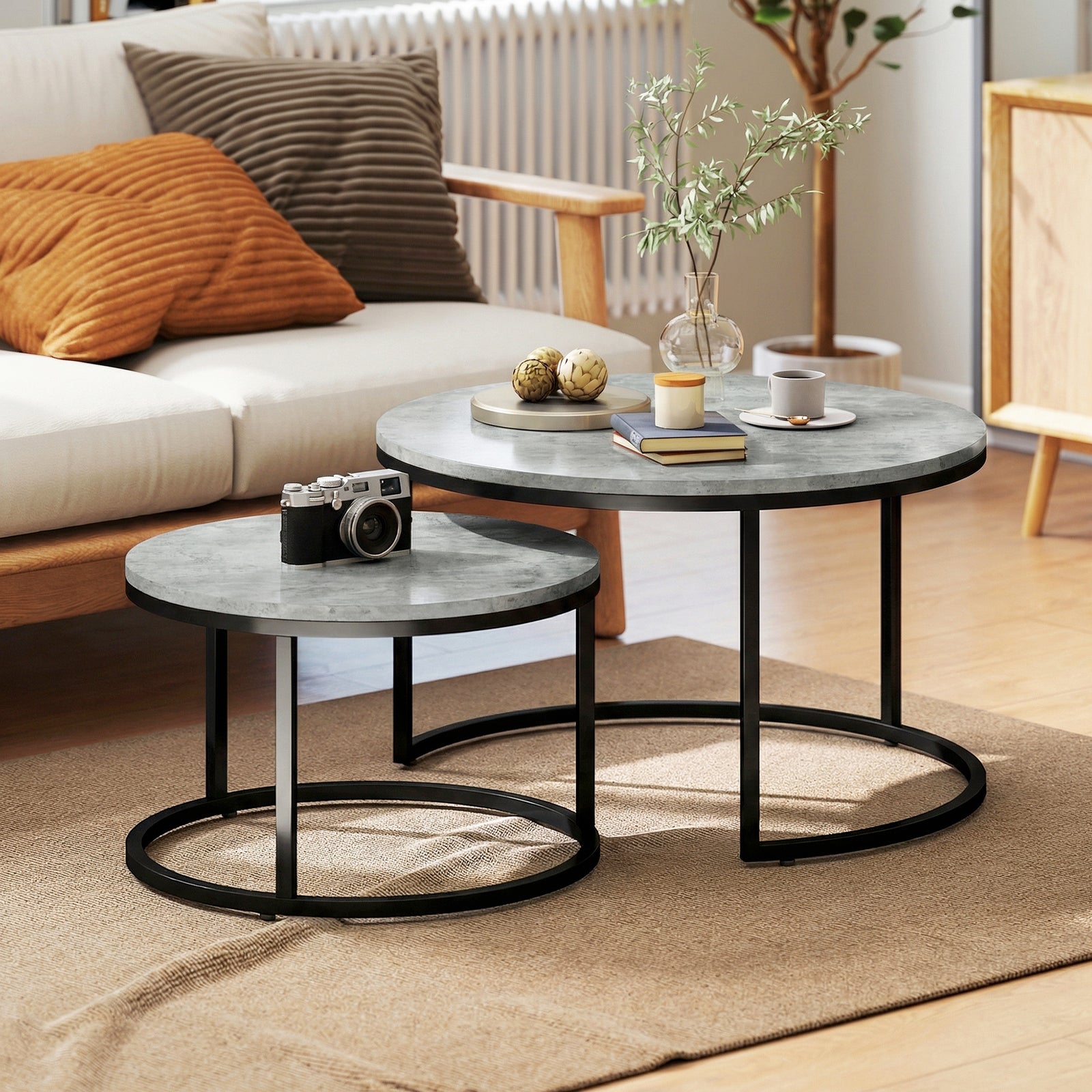 2 Pcs Stacking Coffee Table Set Steel Frame | Grey