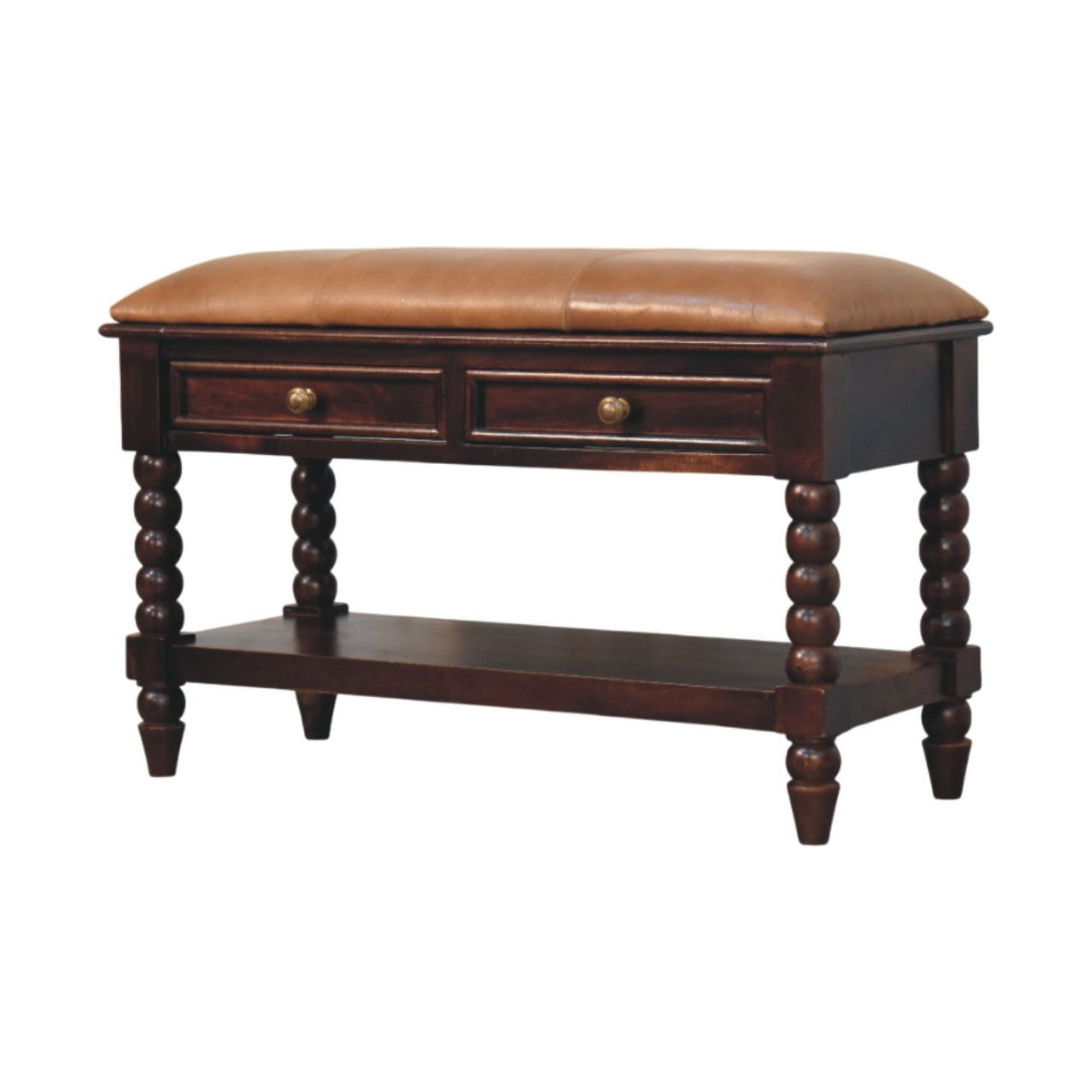 Solid Wood Spindle Winewood Leather Bench