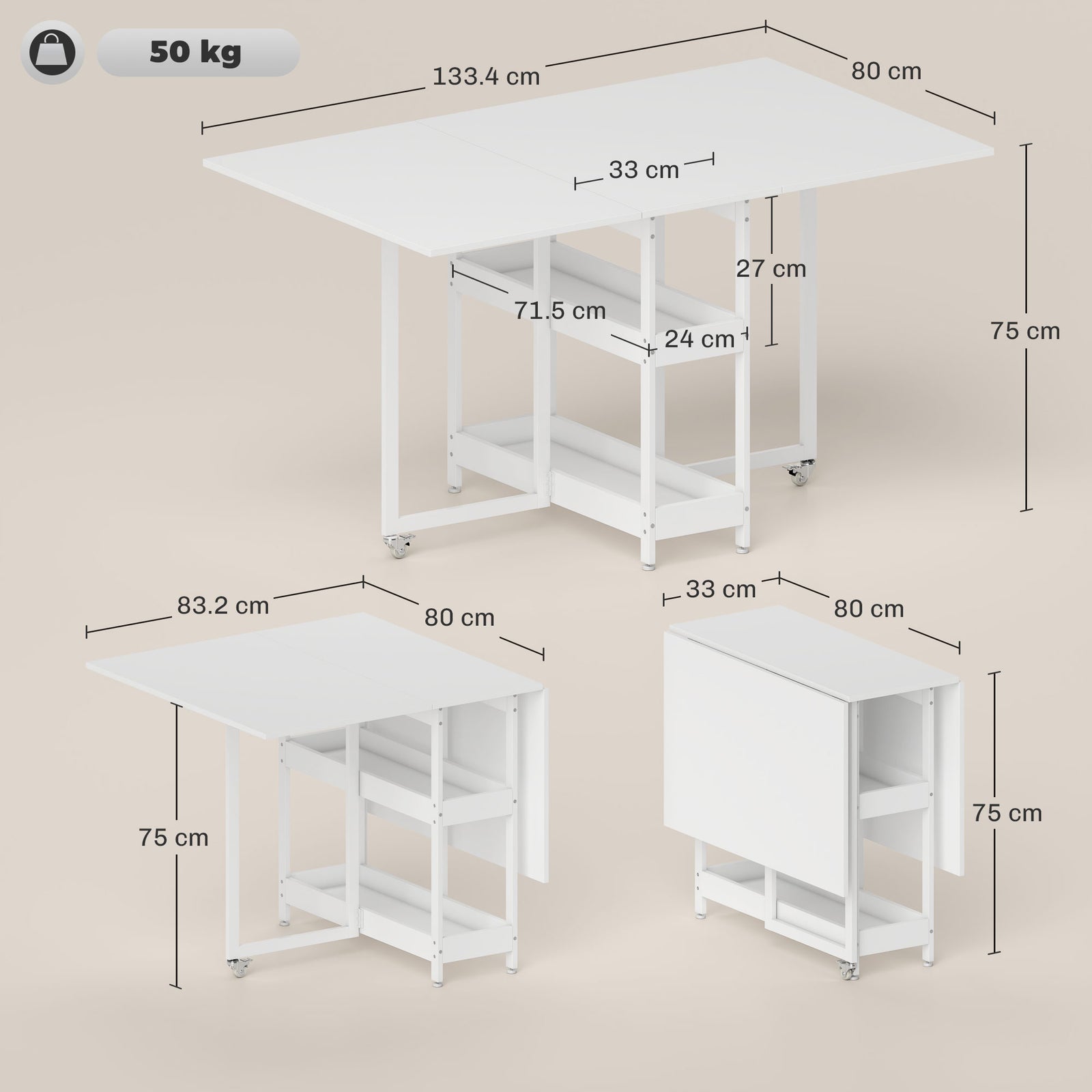 Folding Dining Table, Drop Leaf Table With Open Compartments | White