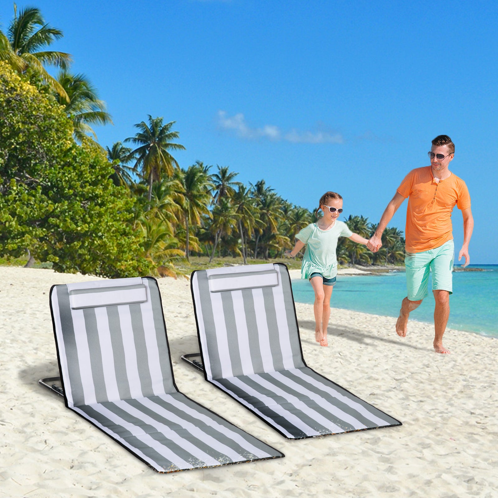 2pc Outdoor Beach Mat Steel Reclining Chair Set W/ Pillow | Light Slate Gray
