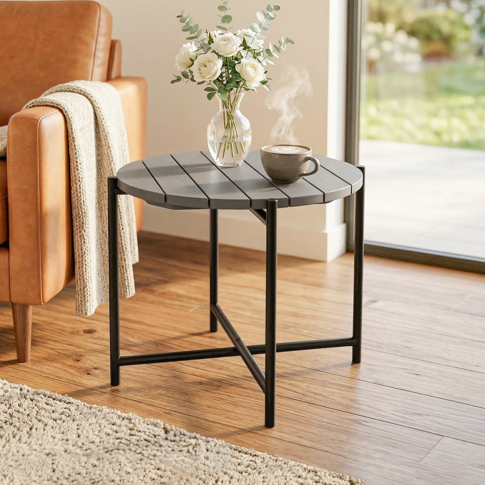 Outsunny 54 Cm Round Garden Table, Slatted Wood Top Outdoor Table, Dark Grey