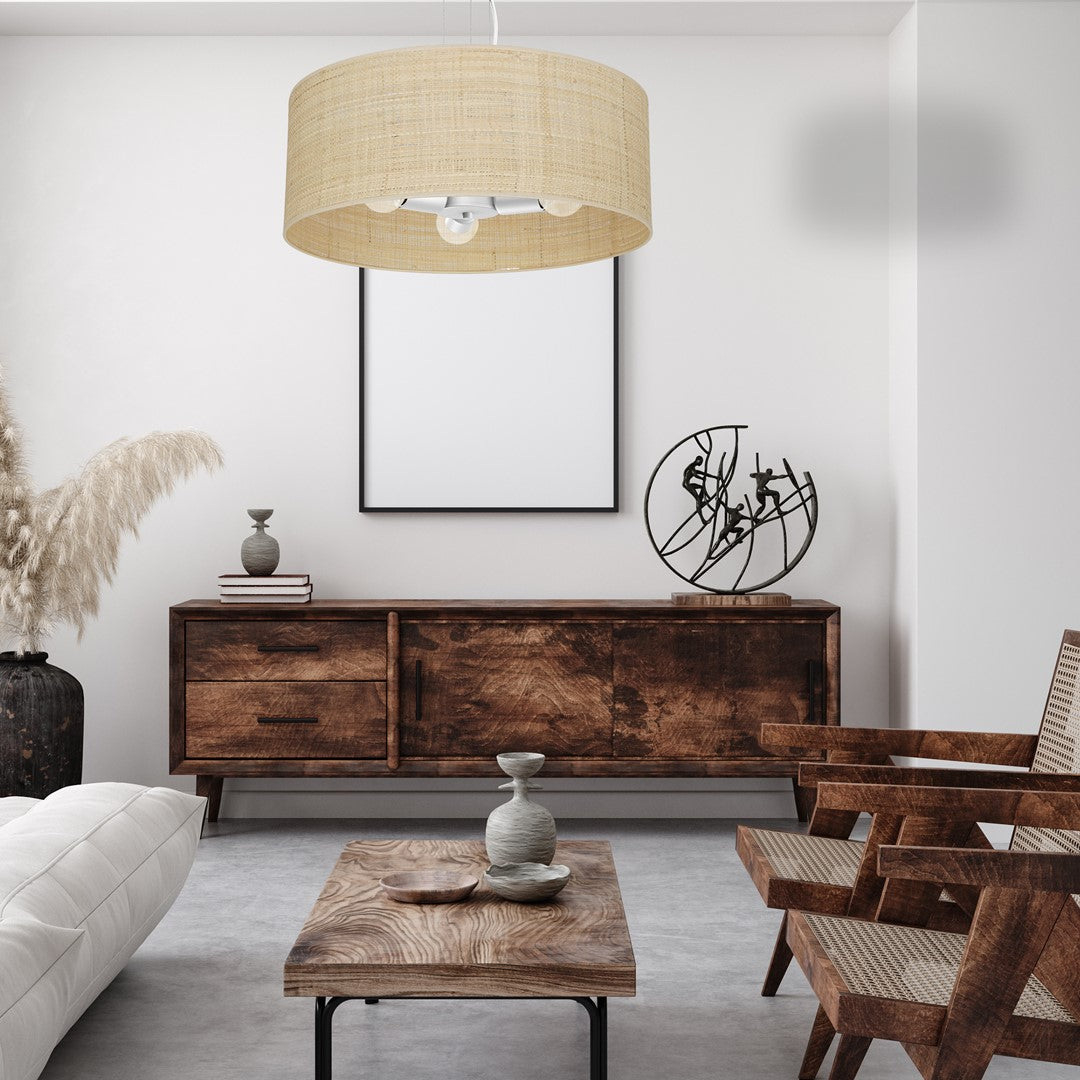 Marshall Hand Made Designer Pendant Lamp In Matt White Metal And Natural Rattan Coloured Fabric