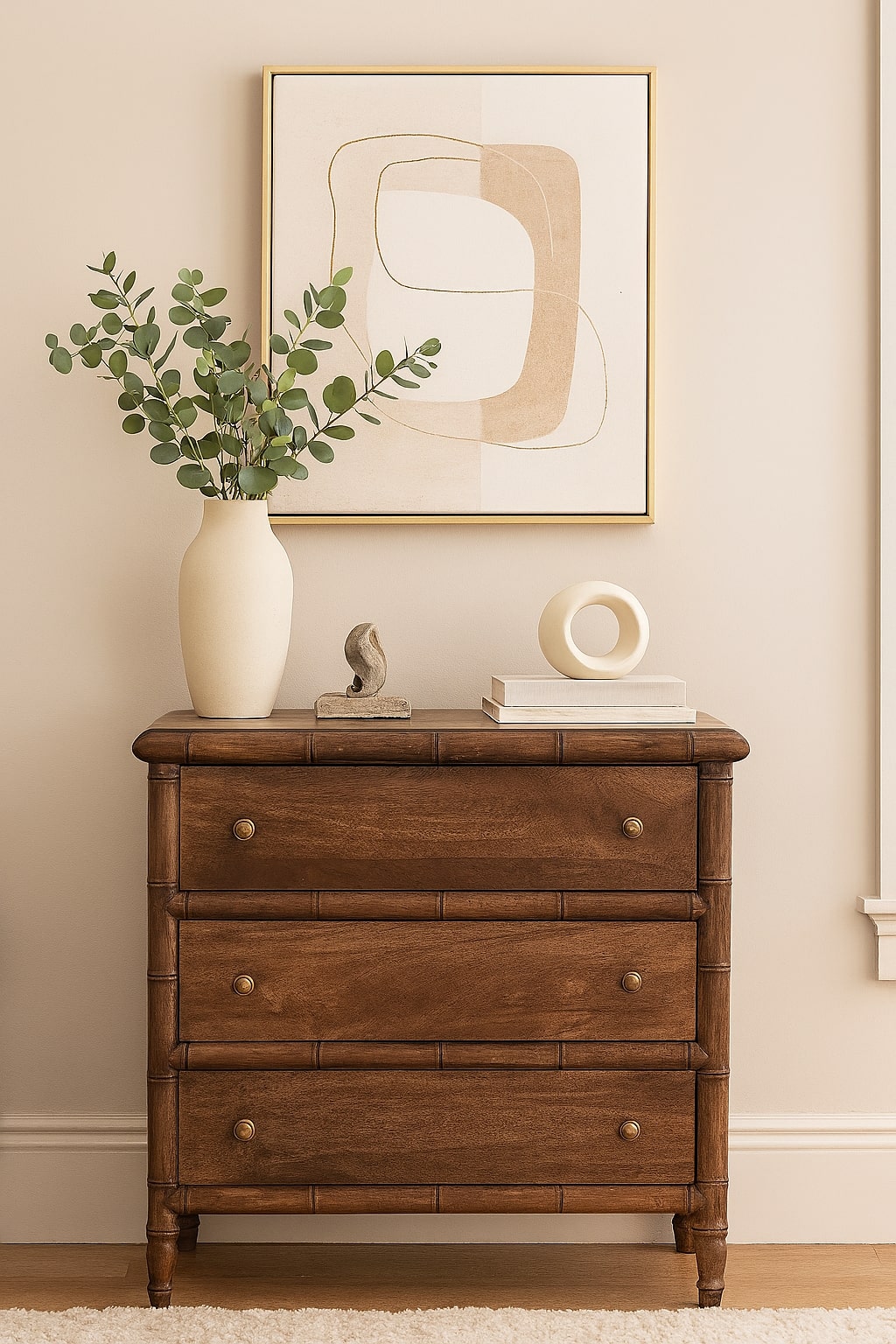 Solid Wood Bamboo Carved Chest, 3 Drawers, Dark Brown
