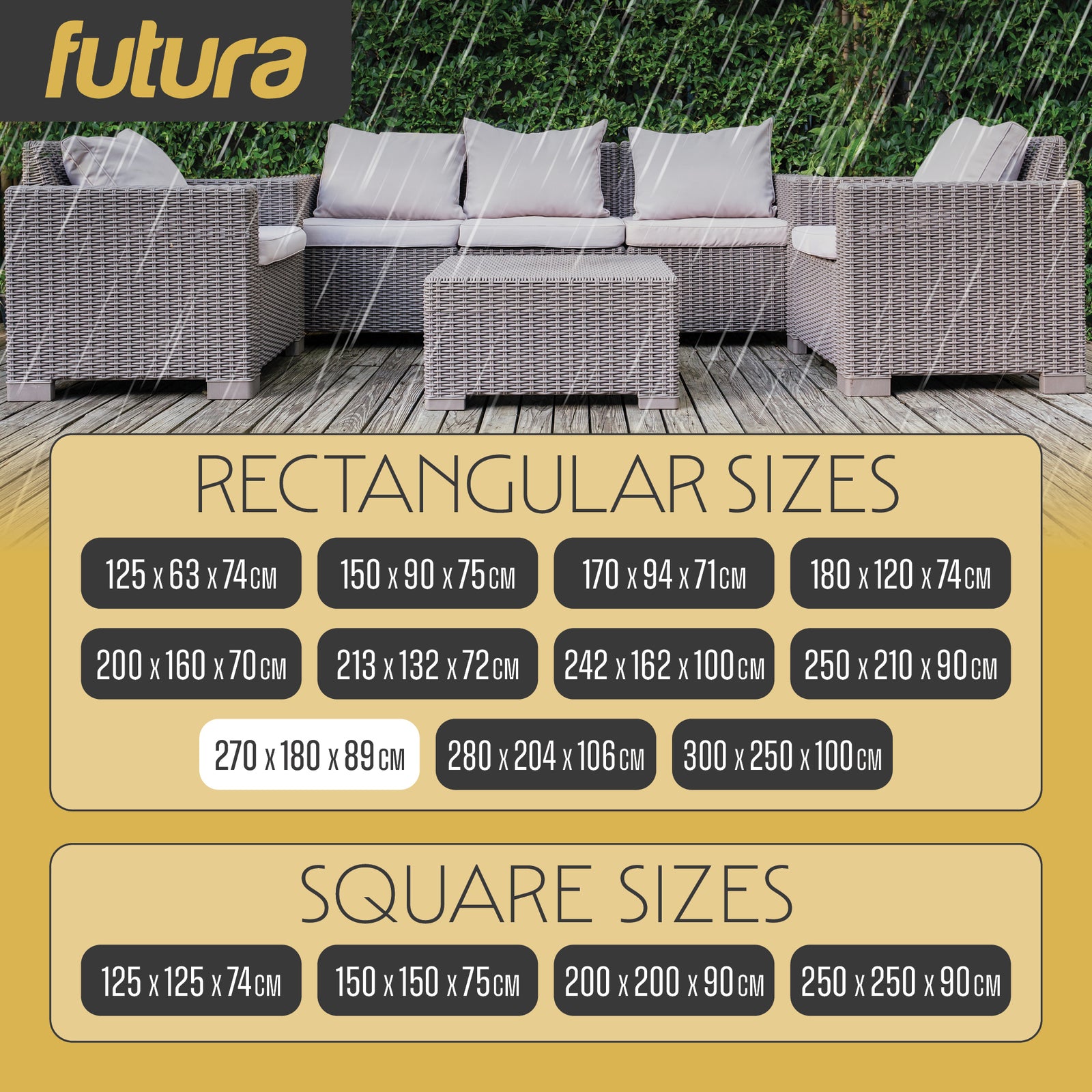 Rectangular Waterproof Garden Furniture Cover, Outdoor Patio Weatherproof Rattan Sofa Shield | 270 x 180 x 89cm | Black