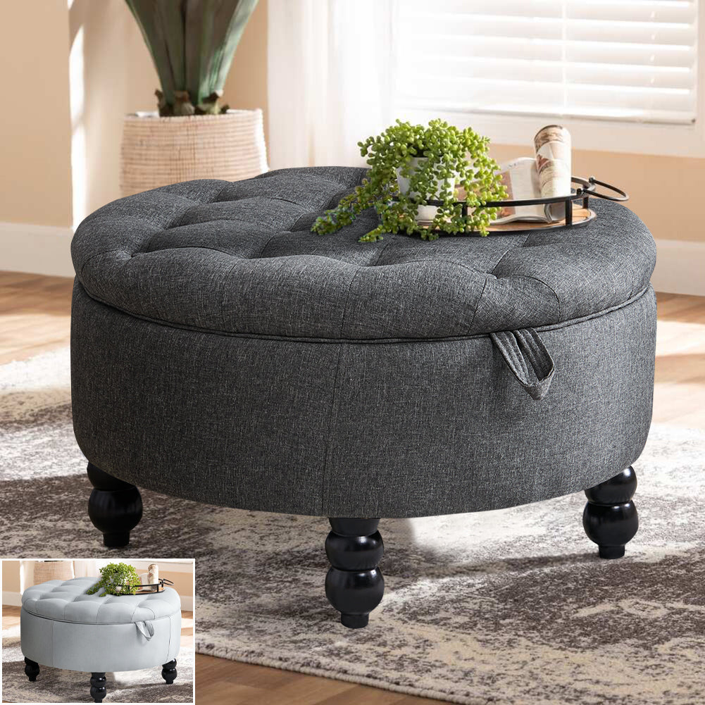 Round Linen Storage Ottoman With Removable Tray 70cm Dia X 45cm H