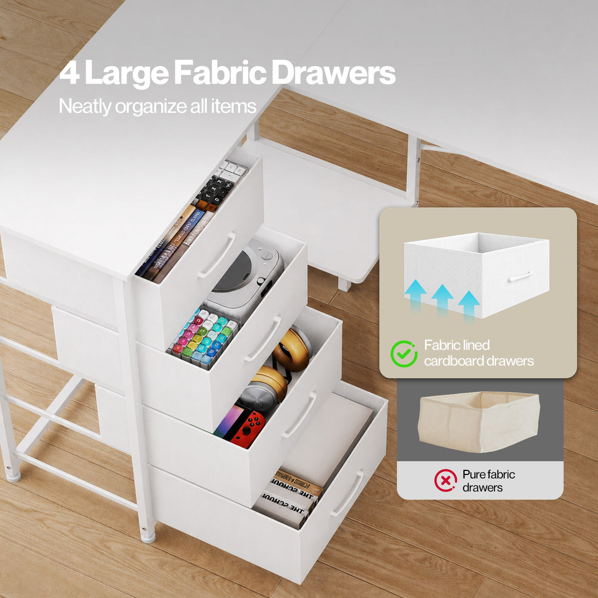 Corner Desk L Shaped With Drawers Power Outlet Office Gaming Wood White | White
