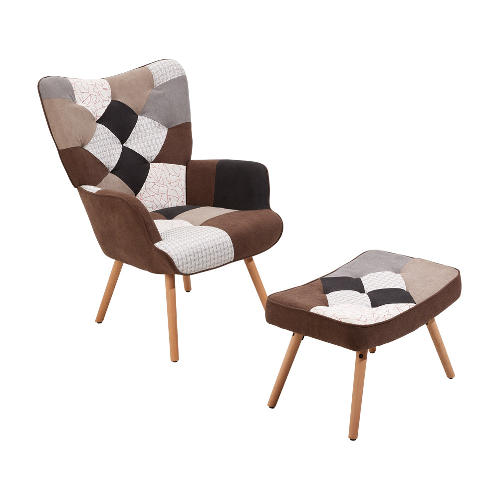 Colour Block Upholstered Wingback Armchair With Footstool