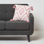 Geometric Ikat Tufted Cotton Cushion With Tassels | 45cm x 45cm | Pink & White
