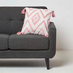 Geometric Ikat Tufted Cotton Cushion With Tassels | 45cm x 45cm | Pink & White