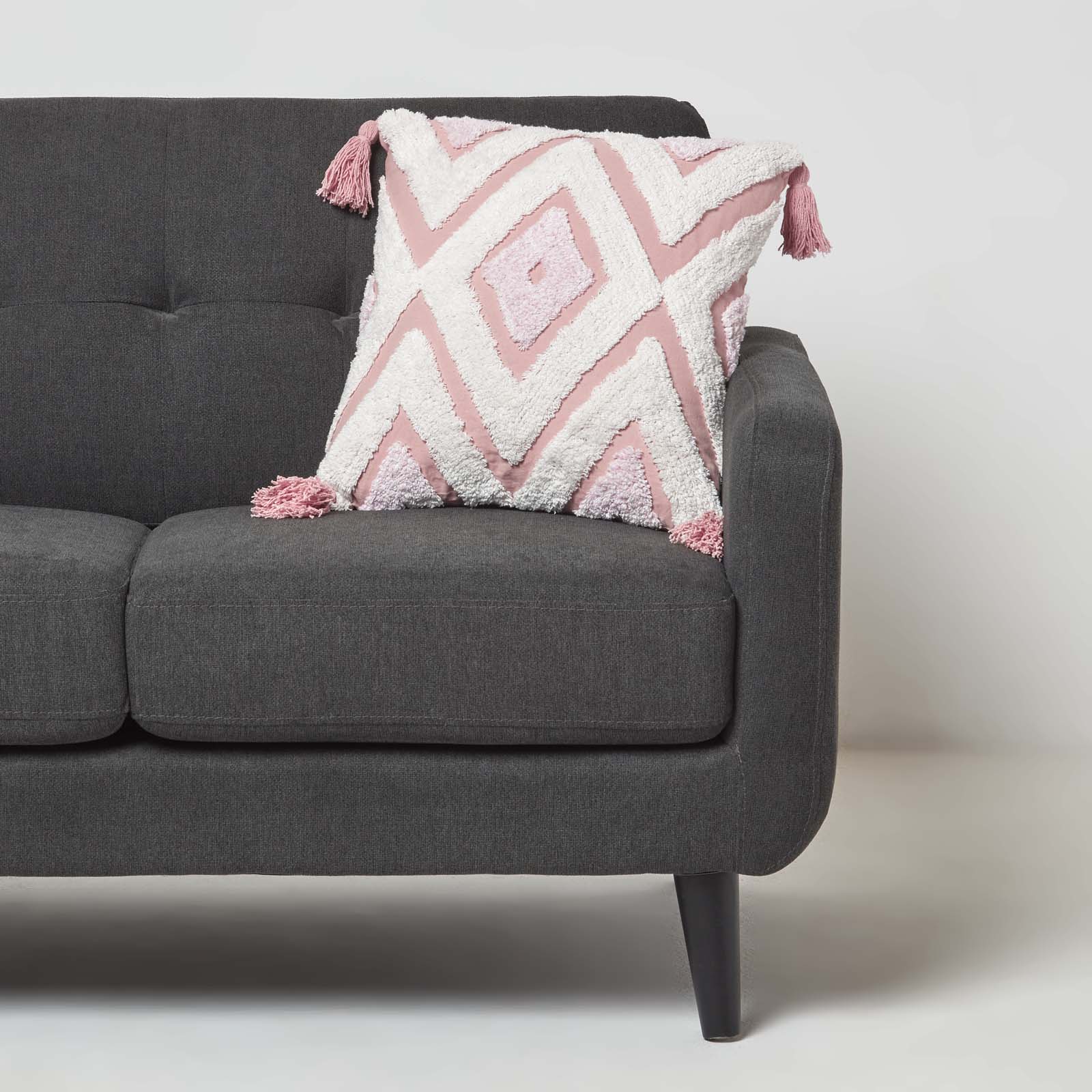 Geometric Ikat Tufted Cotton Cushion With Tassels | 45cm x 45cm | Pink & White