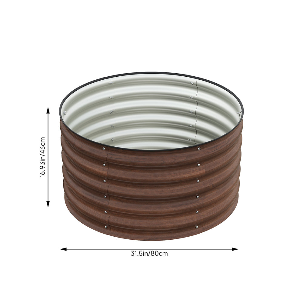 80cm Dia X 43cm H Brown Wood Grain Round Metal Raised Garden Bed Outdoor Planter Box