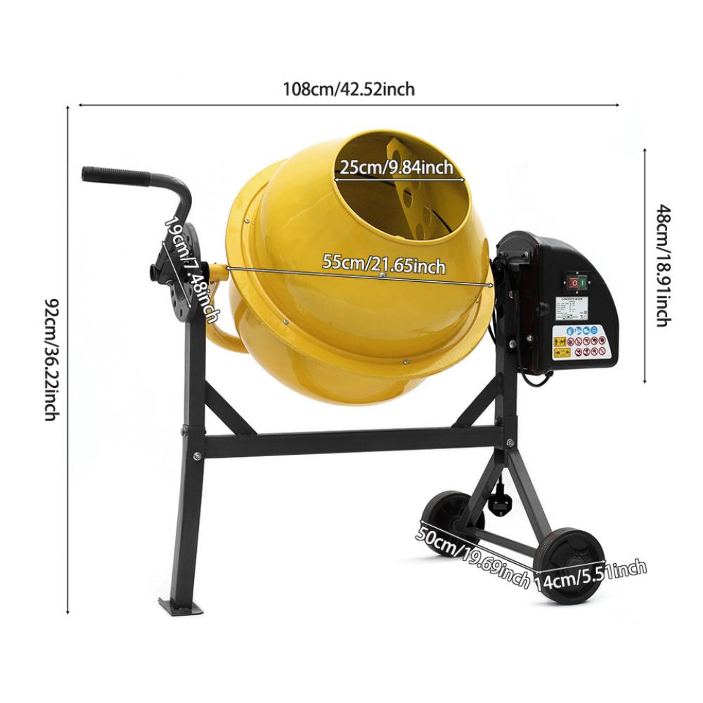 63l 220w Electric Cement Mixer With 2 Wheels,steel Concrete Mixer Machine | Yellow