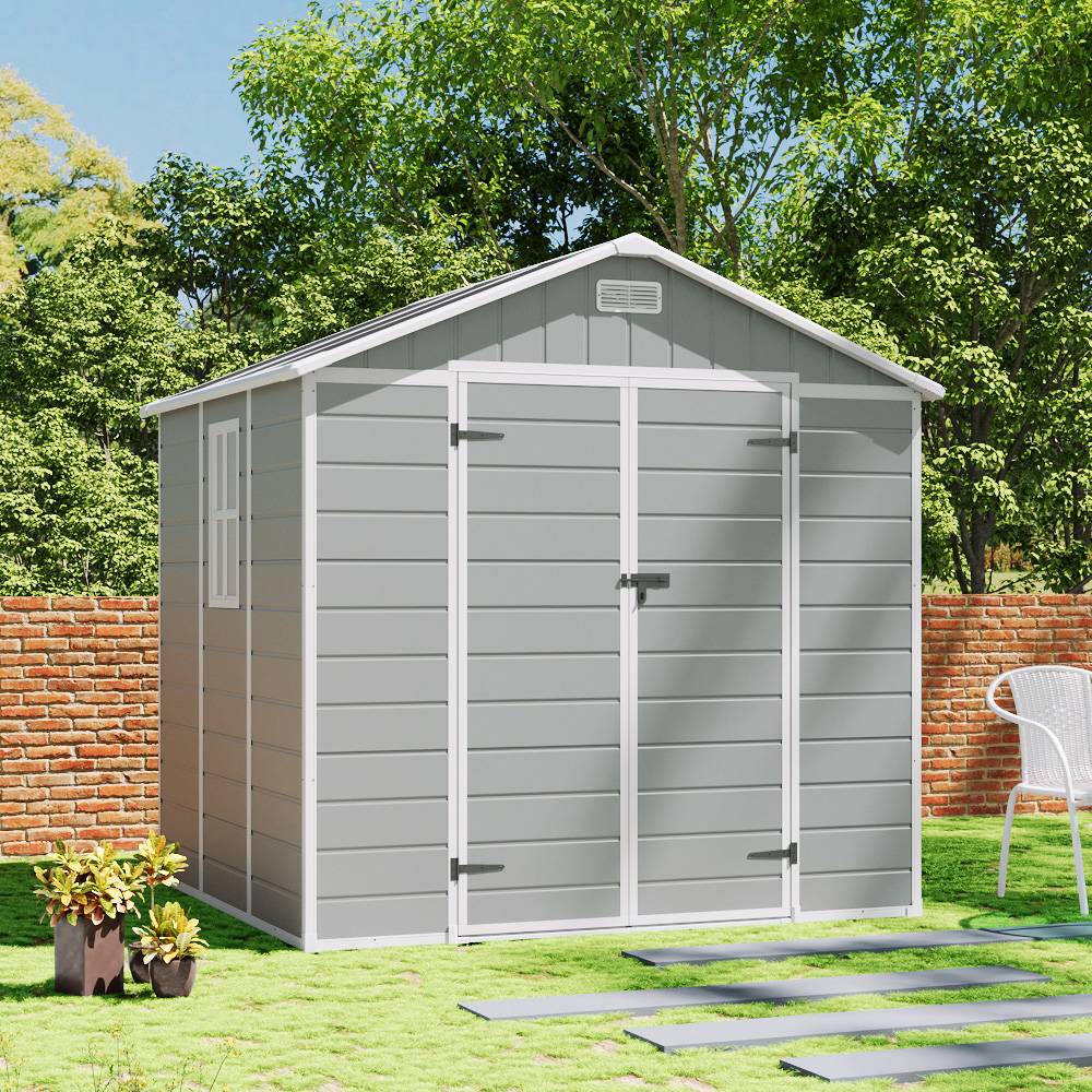 8x6ft Outdoor Plastic Tool Shed With Apex Roof & Floor, Double Doors, Ventilation & Window, Lockable Backyard Storage House