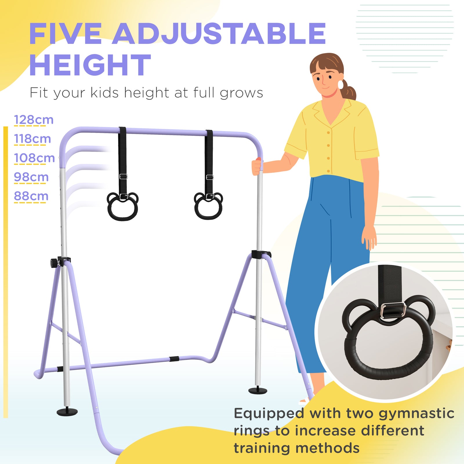 Adjustable Height Foldable Kids Gymnastics Bar With Non-slip Mats | Purple