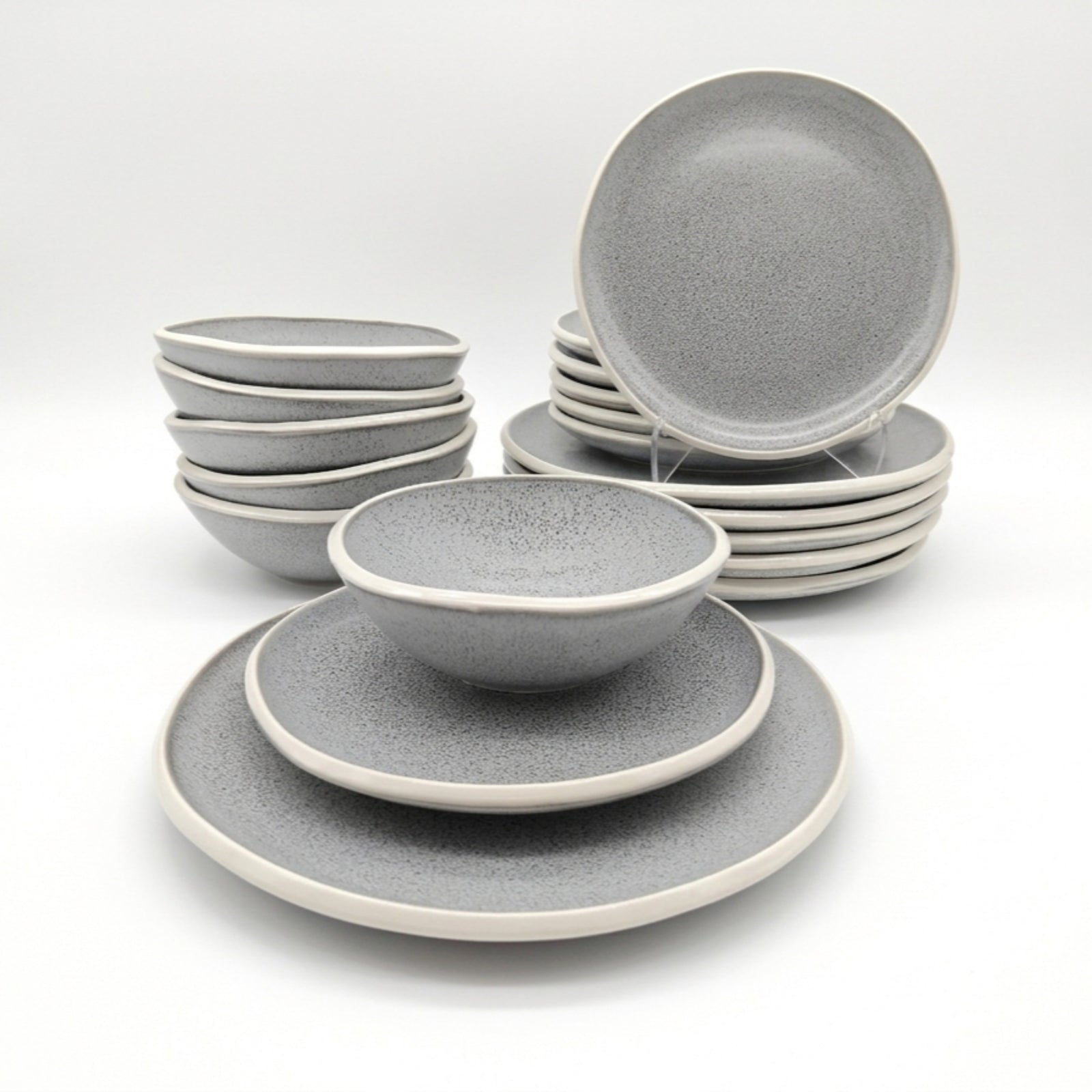 Reactive Grey Glaze Stoneware Dinnerware Set Nordic Pebble Plates & Bowls | Set-of-12 | Grey